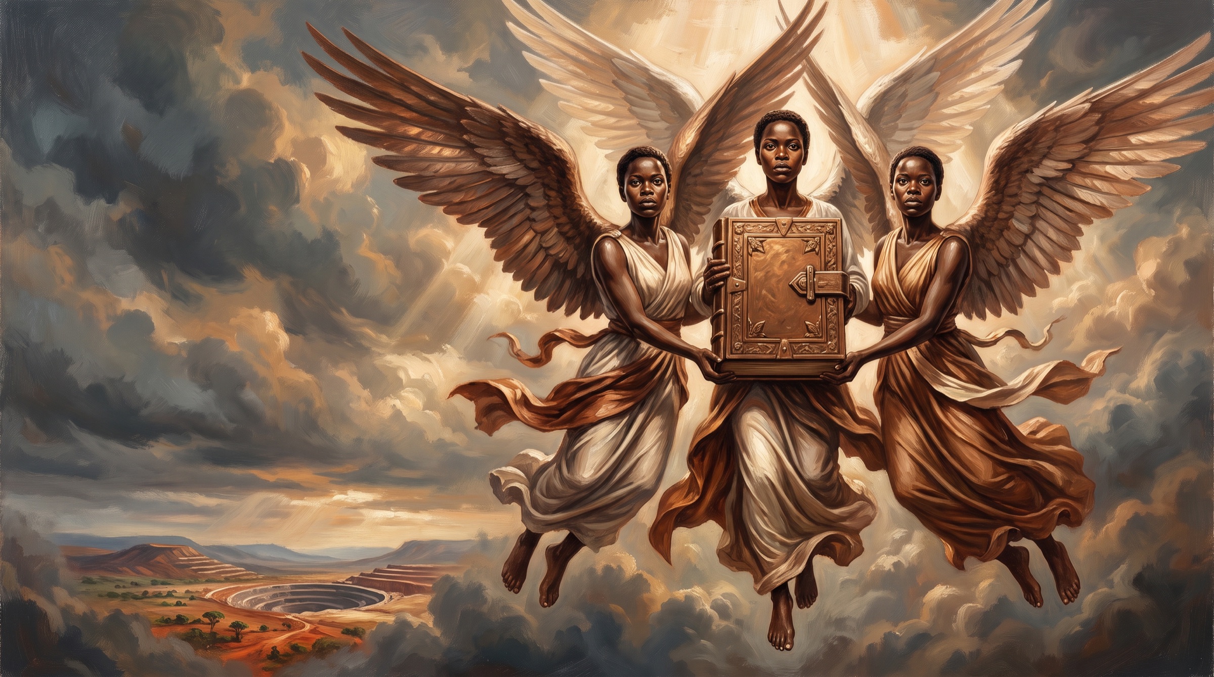 A painting of the three angels in flight together, carrying a closed bronze book above an African mine at first light