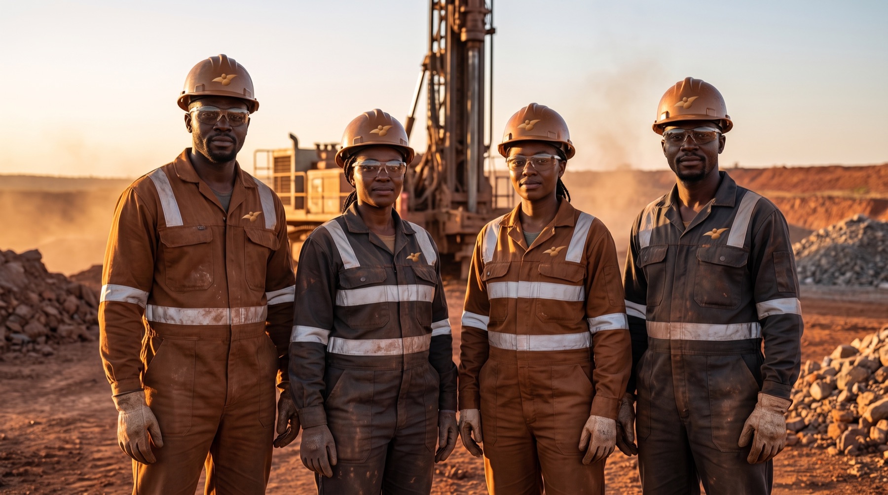 A 3 Angels Mining crew in company workwear at an exploration site