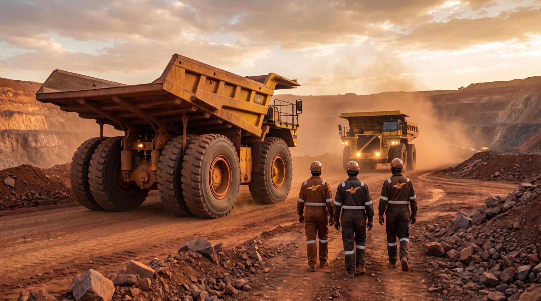 Haul trucks working an open pit at golden hour, crew walking toward them