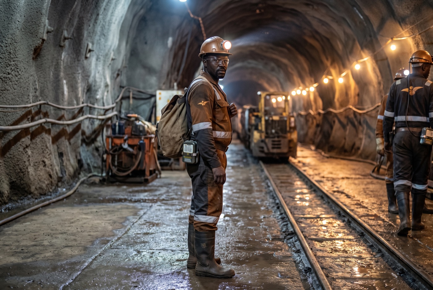 A mine worker at an underground shaft station, kit bag on one shoulder
