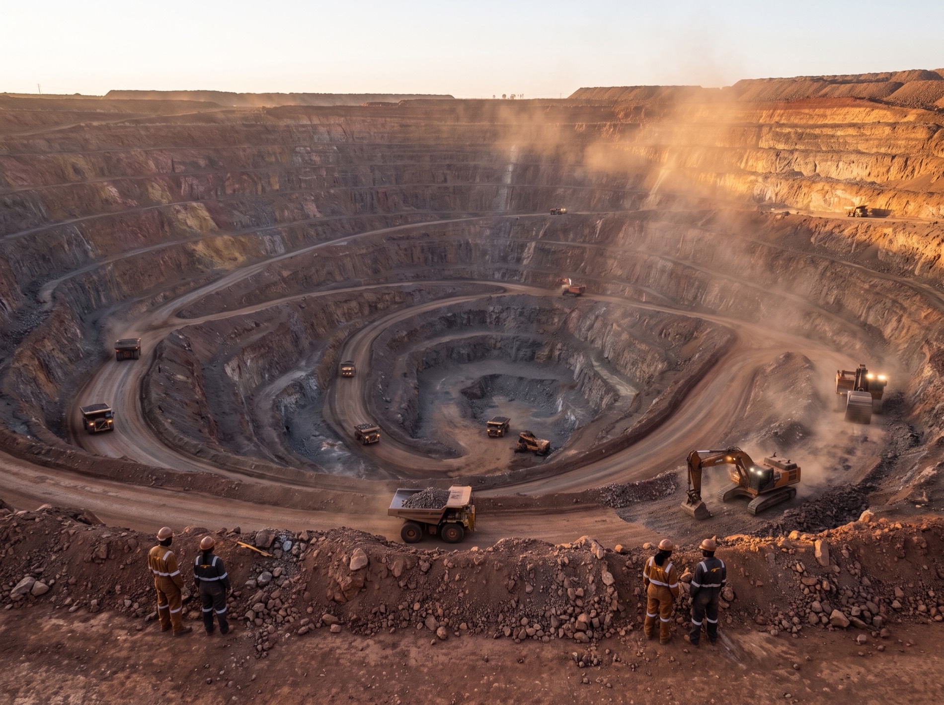 A large open-pit mine in Africa, terraced benches worked by haul trucks at first light