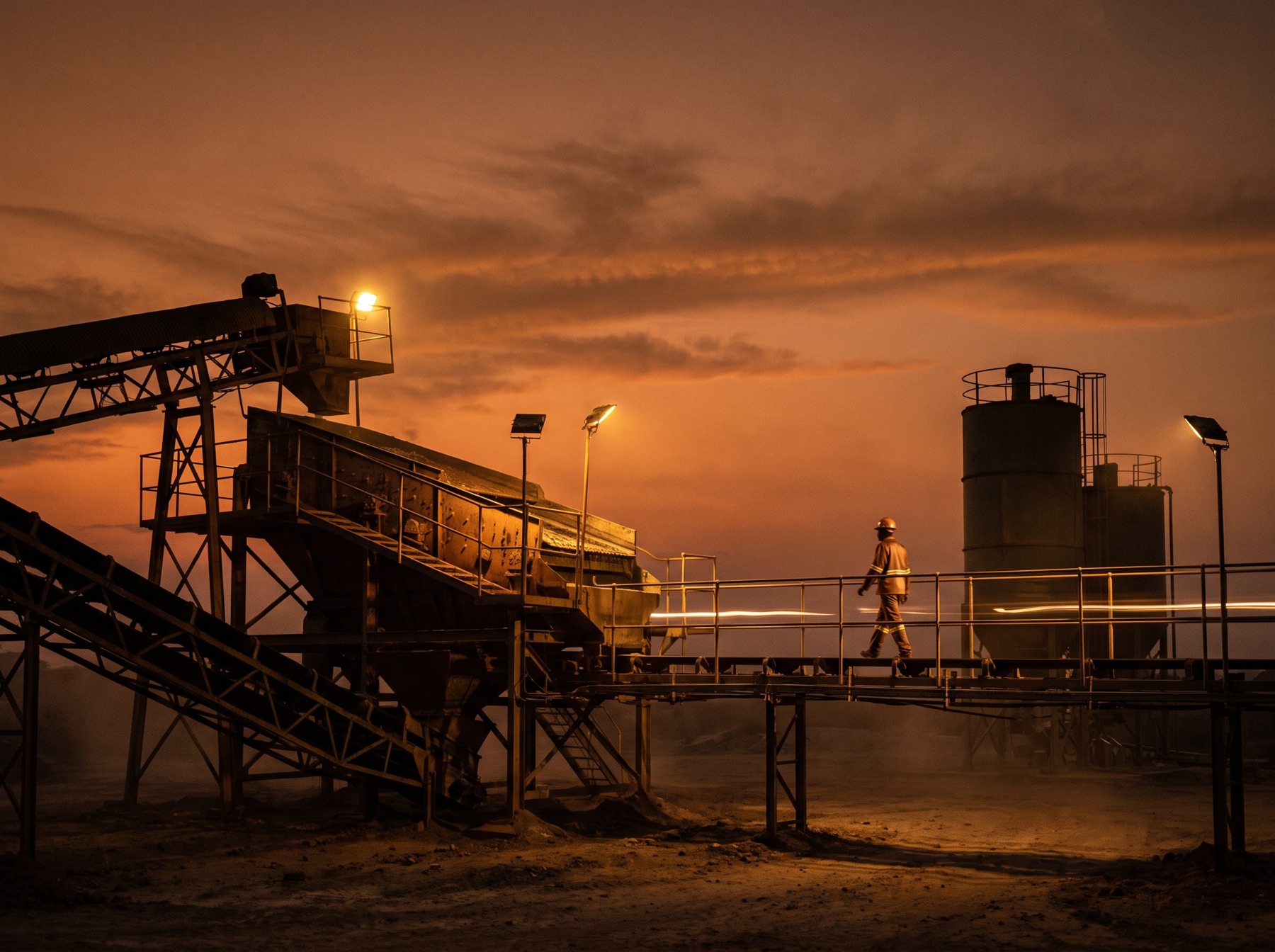 In-country mineral processing plant at dusk
